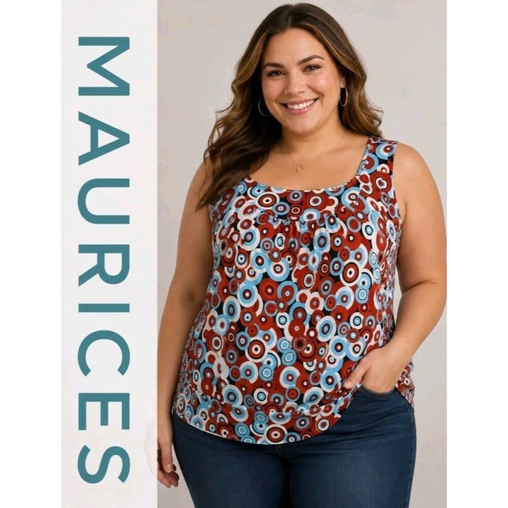 Maurices Women 20W 22W Retro Hippie Circles Stretch Band Sleeveless Colorful Top